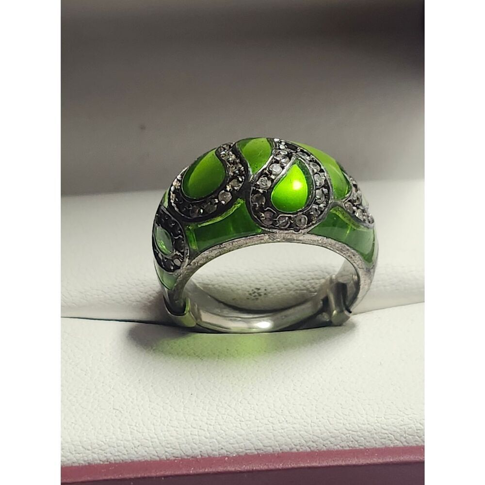 Vintage Green Dome Cocktail Ring With Clear Crystal Accents Unique Jewelry Sz 8